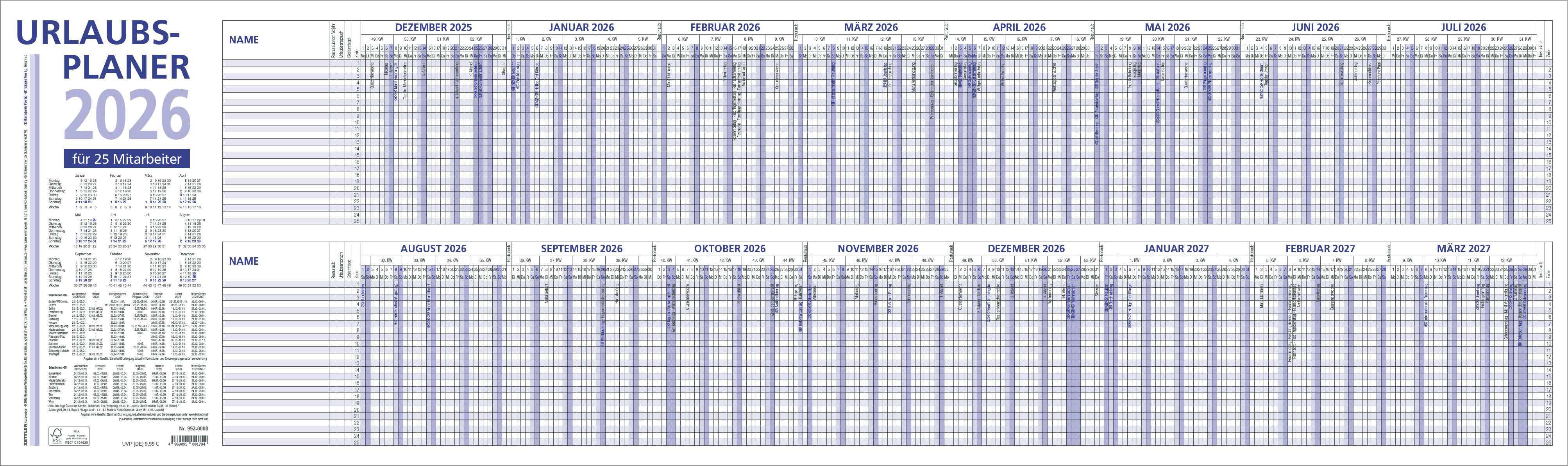 Urlaubsplaner Zettler 992 100x29,7cm 1s/16m, Fsc, Für 25 Personen