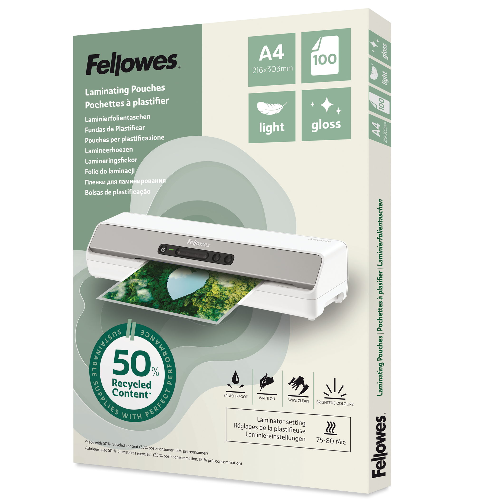 Folientasche Fellowes A4 100142987 80mic Recycled glänzend Pack. 100 Stück