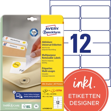 Etikett Avery Zweckform L4743REV-25 99,1x42,3 weiß ablösbar 360 St.