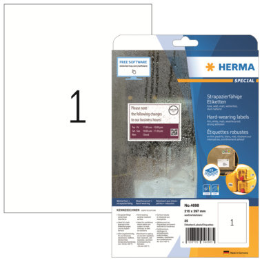 Etikett Herma 4698 210x297mm weiß A4 25 Blatt, Strapazierfähig Etikett Herma 4698 210x297mm weiß A4 25 Blatt, Strapazierfähig