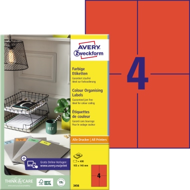 Etikett Avery Zweckform 3456 105x148mm rot 400 St.