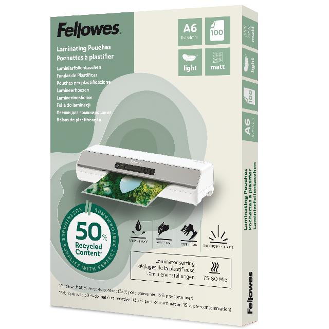 Folientasche Fellowes A6 100143438 80mic Recycled matt Pack. 100 Stück