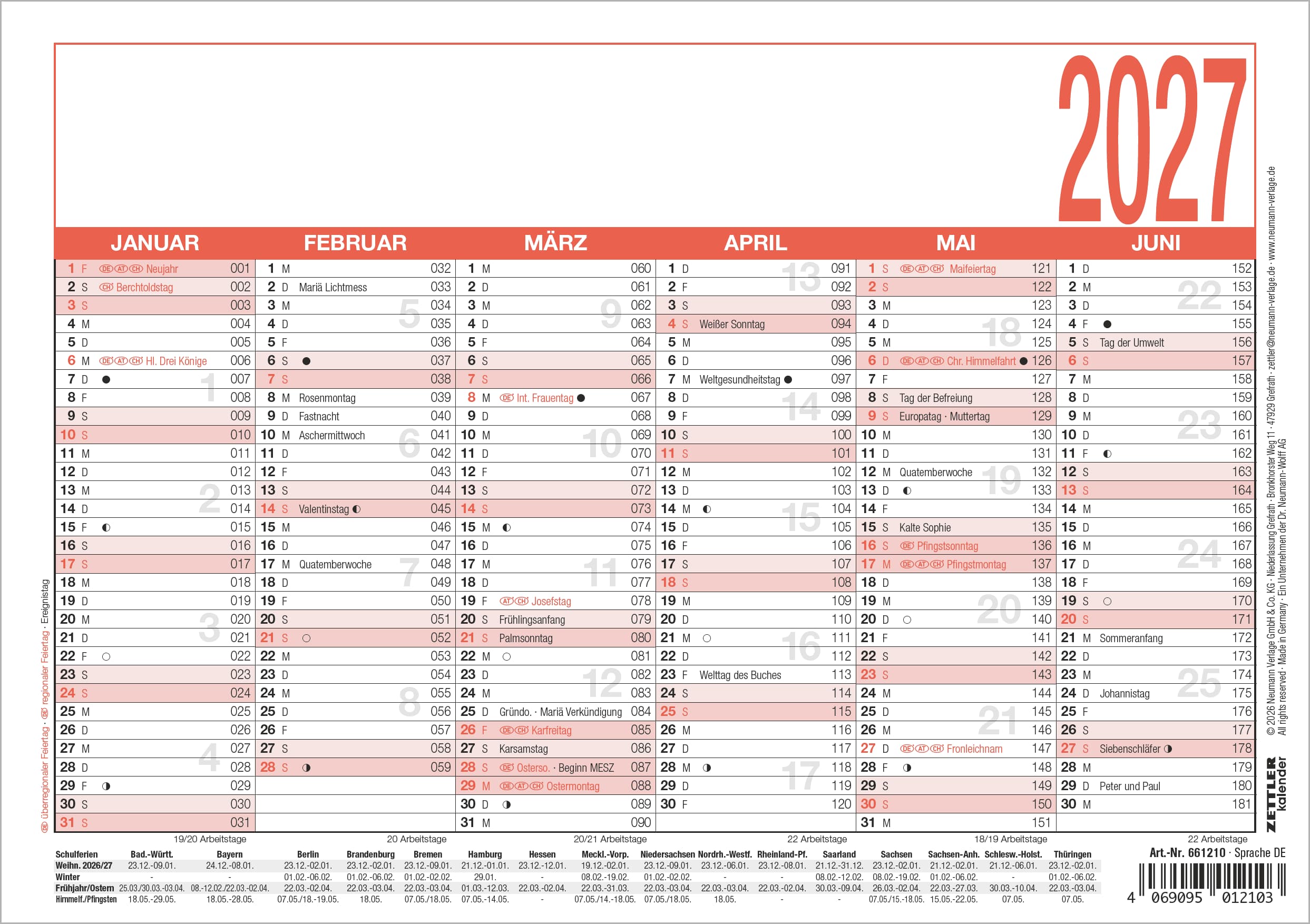 Tafelkalender Zettler 904-0000 A5 1S/6M Pefc, Arbeitstage-, Tages-, Wochenzählun