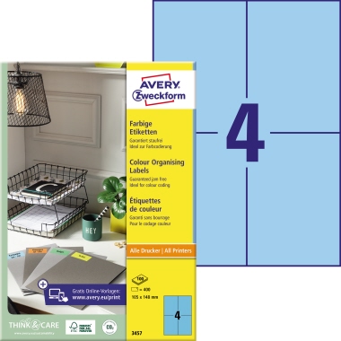 Etikett Avery Zweckform 3457 105x148mm blau 400 St.