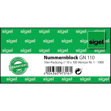 Nummernblock Sigel GN110 1-1000 sortiert 5-farbig