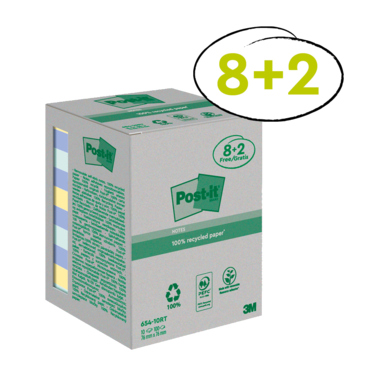 Haftnotiz Post-it 654-RCP10 76x76mm rec. 8+2 Blöcke à 100 Blatt, sortiert