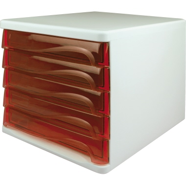 Schubladenbox Helit H6129420 5F ws/ro tr weiß/rot transparent, economy