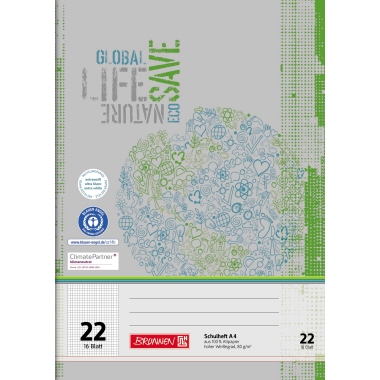 Schulheft BRUNNEN 4412201 A4 kariert Lin.22, 16 Blatt