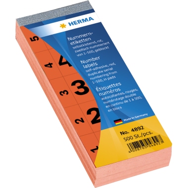 Nummernblock Herma 4892 2-fach 1-500 rot Selbstklebend