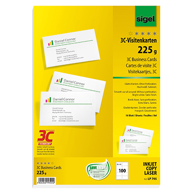 Visitenkarten Sigel LP795 3C 85x55mm, 225g, Glatter Schnitt Rundum