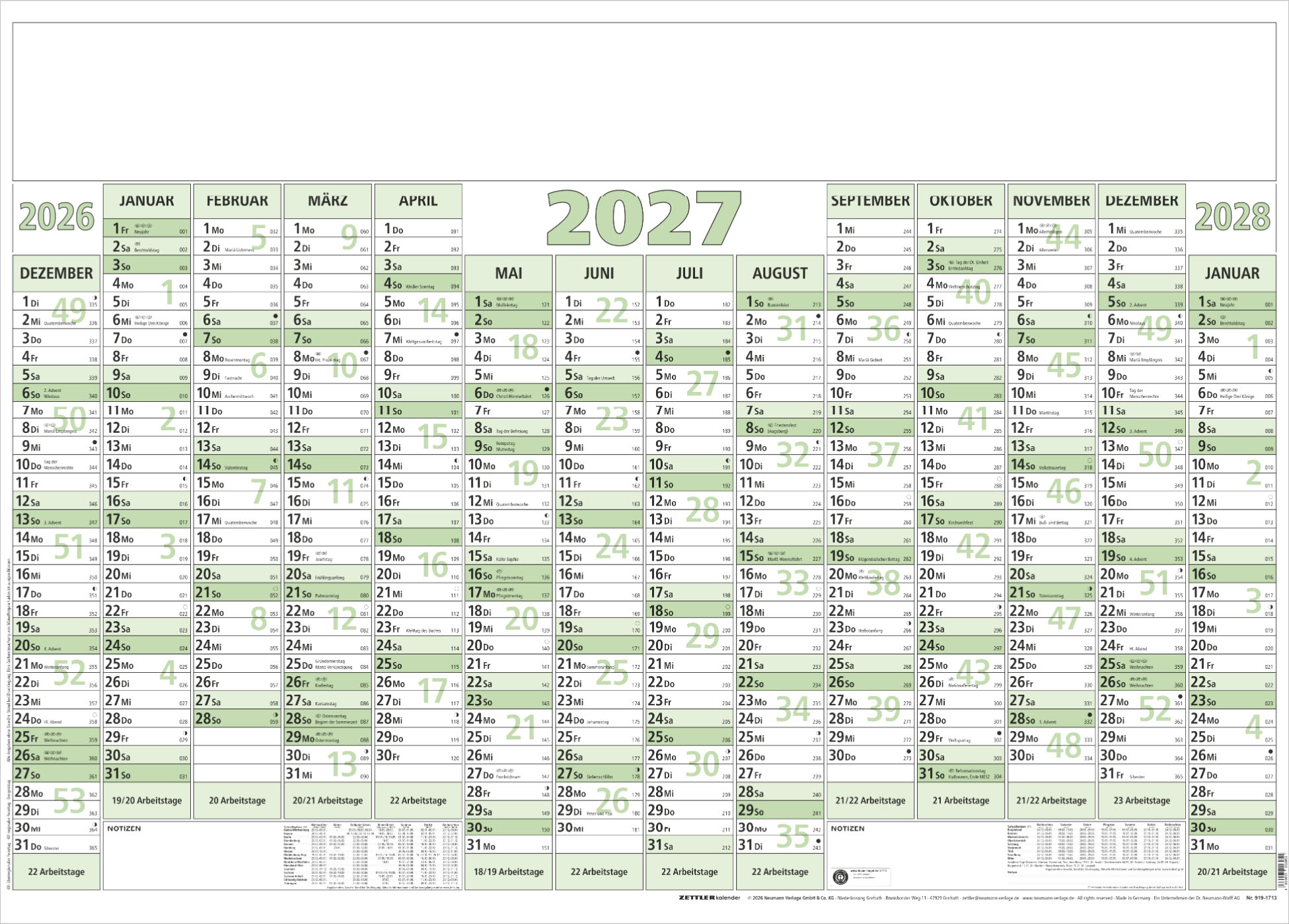 Plakatkalender Zettler 919-0713 88x63cm 12m/1s, Sonn-und Feiertage Hervorgehobe