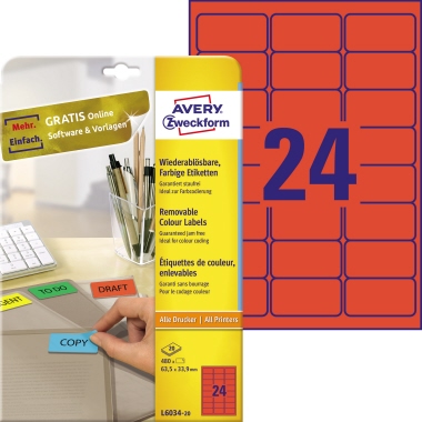 Etikett Avery Zweckform L6034-20 63,5x33,9mm rot ablösbar 480 St. 