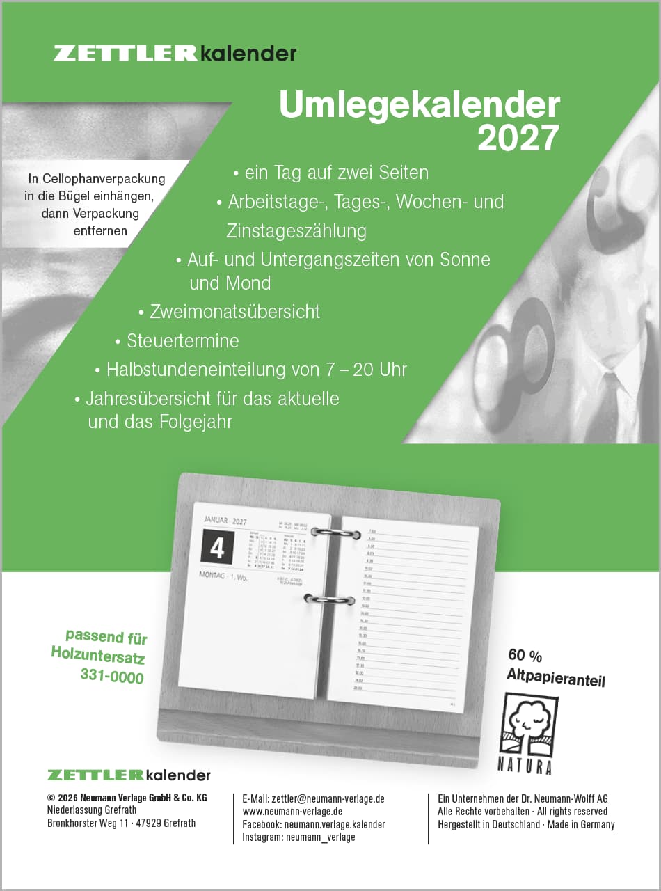 Umlegekalender Zettler 336-0000 2S/1T 8x11cm, 7-20 Uhr, 384 Blatt, 3,8cm Locha