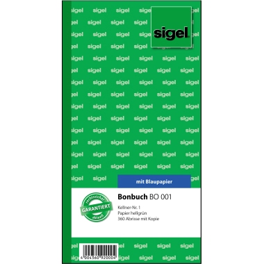 Bonbuch Sigel BO001 10,5x20 hellgrün Mit Kellnernummer 1