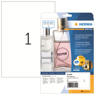 Etikett Herma 8020 210,0x297,0mm, transp Arent, Glasklar Folie Glänzend 25 Stück Etikett Herma 8020 210,0x297,0mm, transp Arent, Glasklar Folie Glänzend 25 Stück