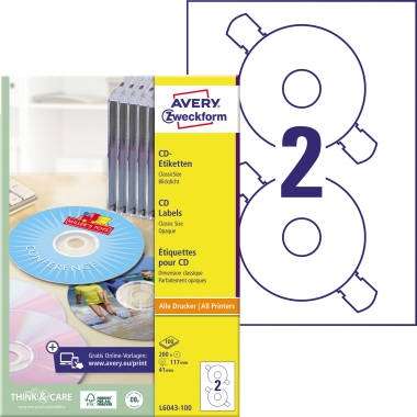 Eikett CD/DVD Avery Zweckform L6043-100 Ø-117mm weiß 200 St.