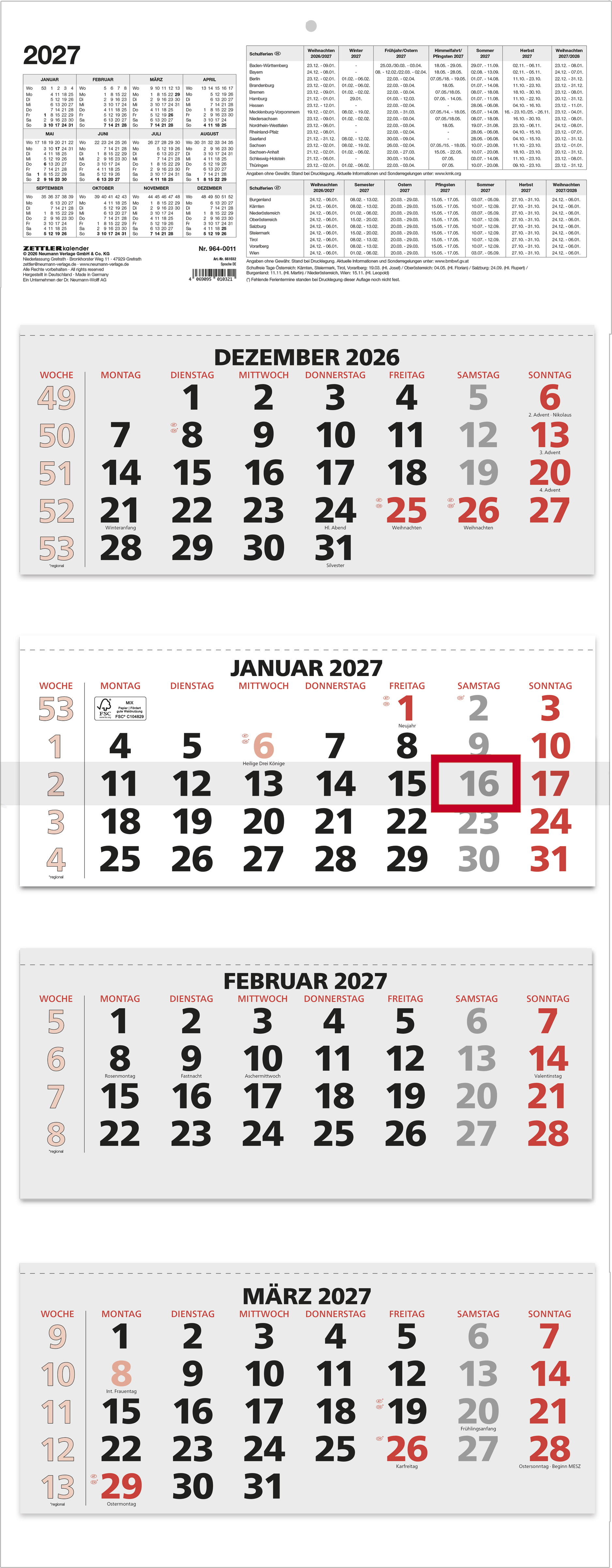 Viermonatskalender Zettler 964-0011 rot 