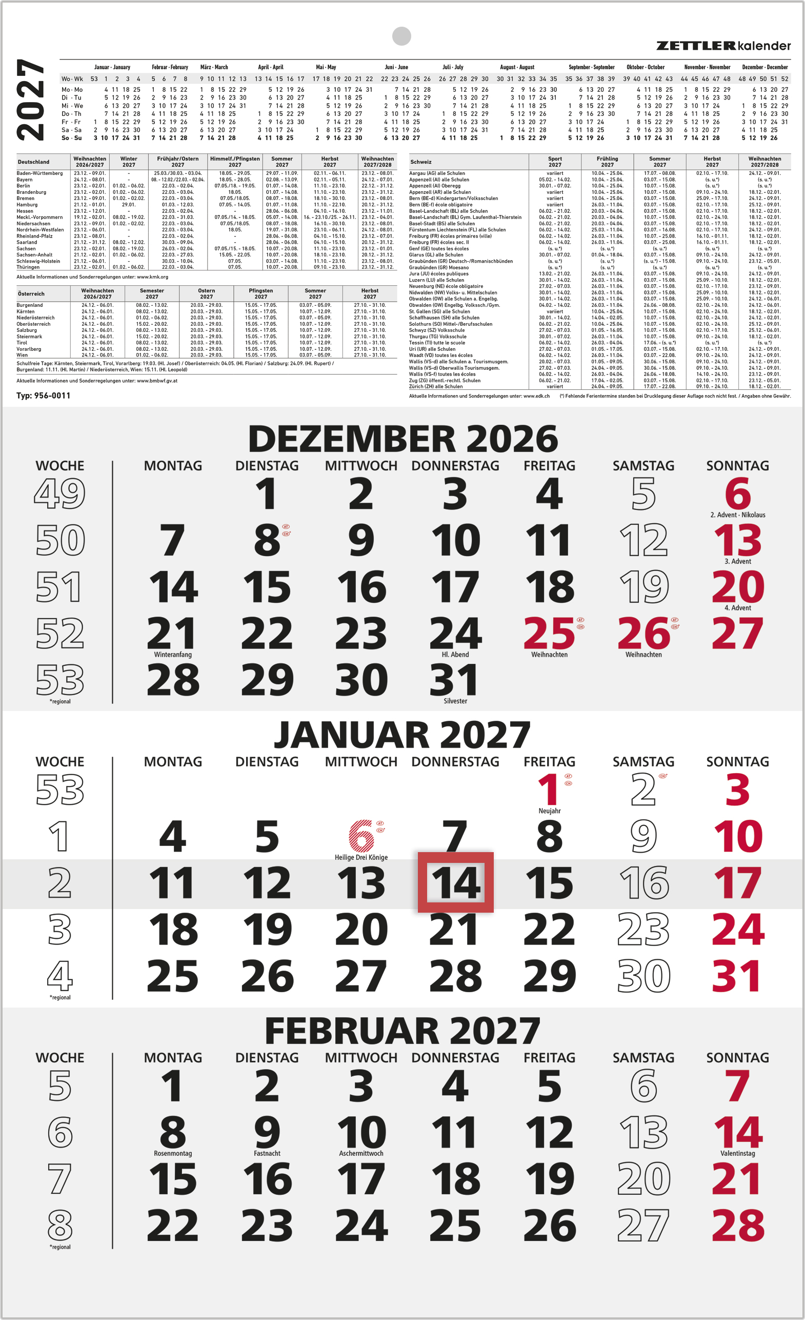 Dreimonatskalender Zettler 956-0011 einschließlich 15cm Kopftafel