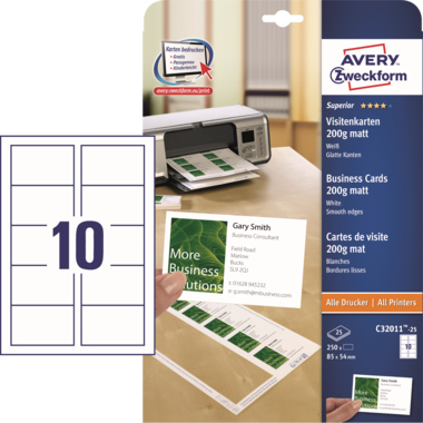 Visitenkarten Avery Zweckform C32011-25 weiß 200g 250 Stück