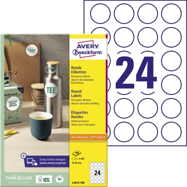 Etikett Avery Zweckform L3415-100 Ø-40mm weiß 2.400 St.