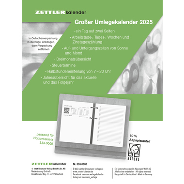 Umlegekalender Zettler 338 2S/1T 11X15cm, 7-20 Uhr, 360 Blatt