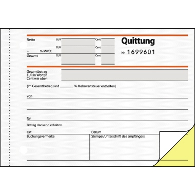 Quittung Sigel SD121 A6 quer SD 2x50bl., Farbige Kopie