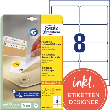 Etikett Avery Zweckform L4745REV-25 96x63,5mm ablösbar 240 St.