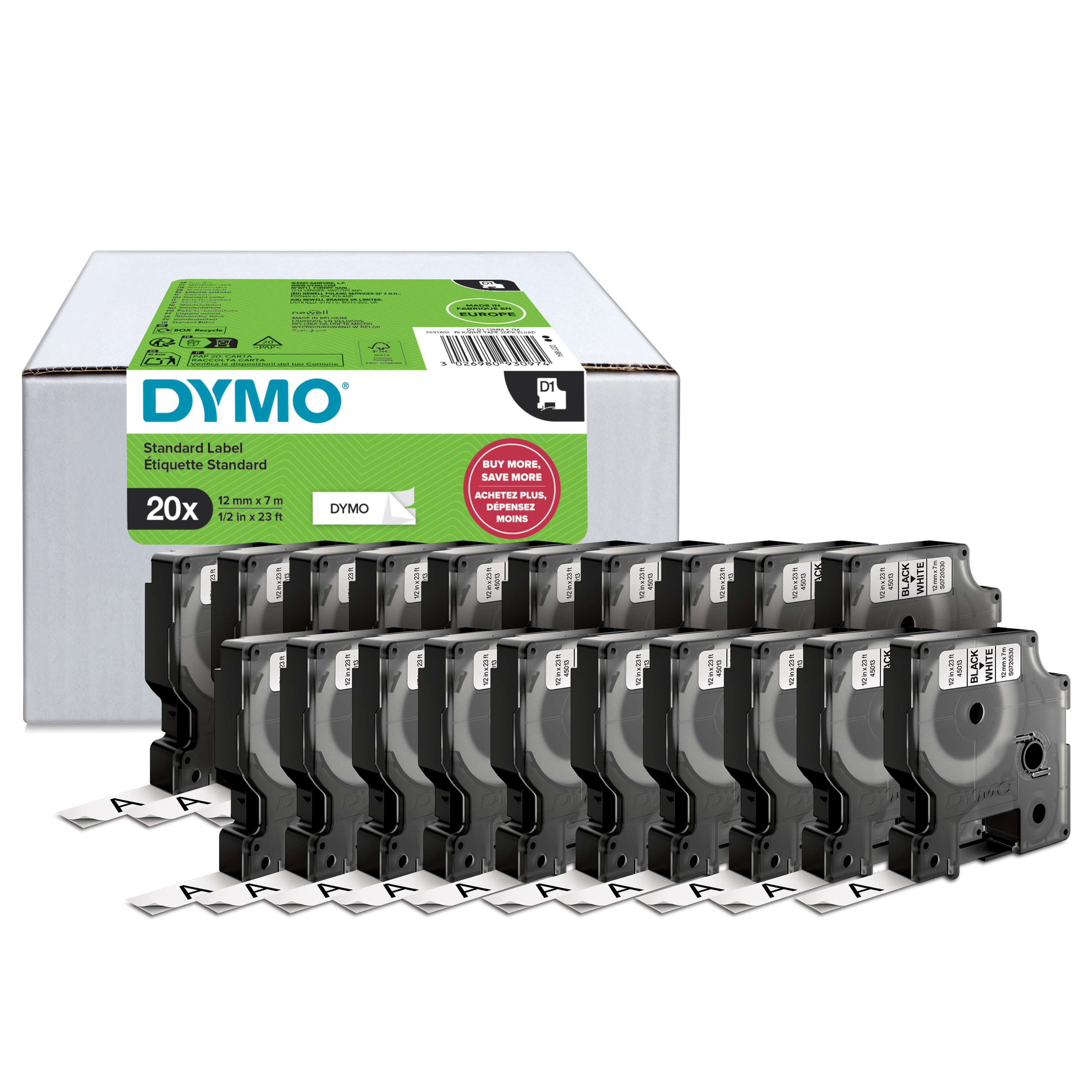 Schriftband Dymo 45013 weiß/schwarz Breite 12mm Länge 7m Pck. 20  Stück