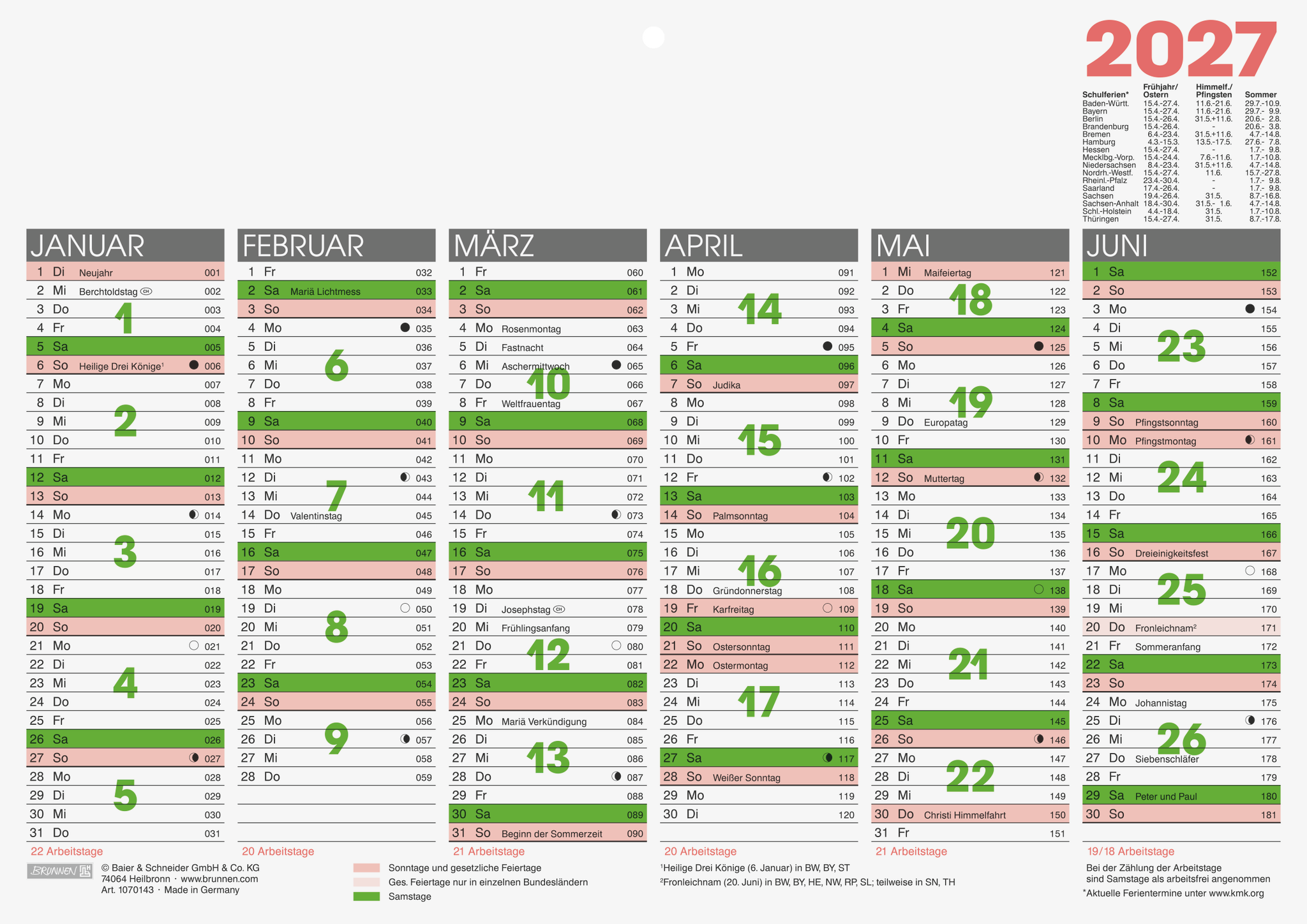 Tafelkalender Brunnen A4 Arbeitstage mit Tageszählung Und Ferienterminen