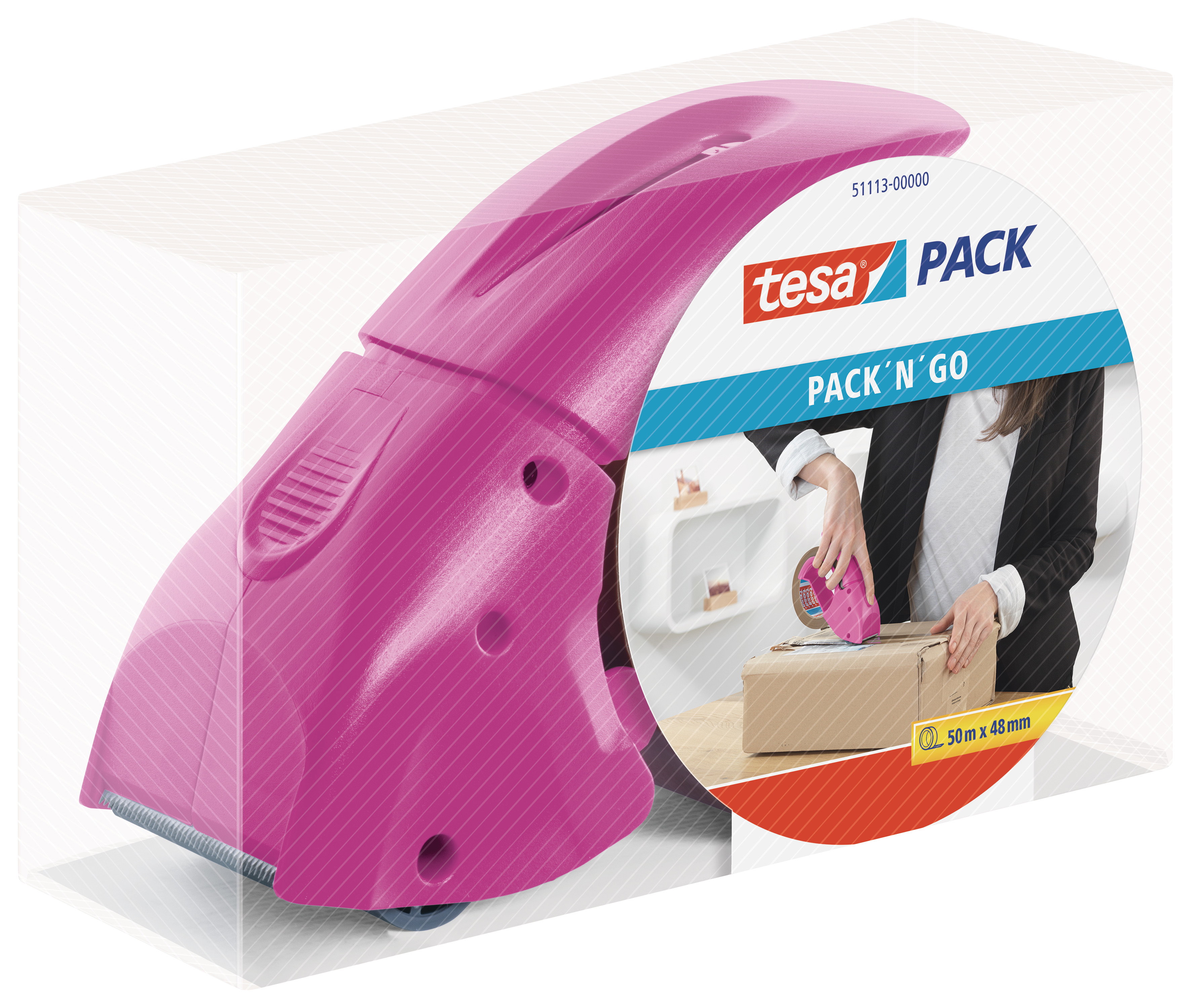 Packbandabroller Tesa 51113 pink Incl. Rolle 50mx50mm, Nachfüllbar Mit Ro