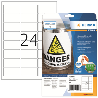 Etikett Herma 9532 63,5x33,9mm weiß Outdoor, Wetterfest, Folie Matt, 240 St.