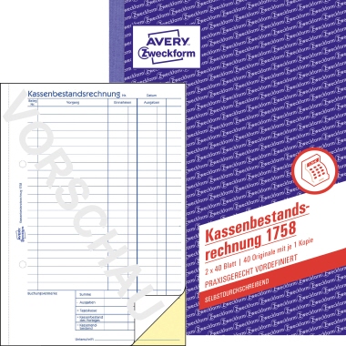 Kassenbestandsrechnung Avery Zweckform1758 A5 
