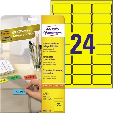 Etikett Avery Zweckform L6035-20 63,5x33,9mm gelb ablösbar 480 St. 
