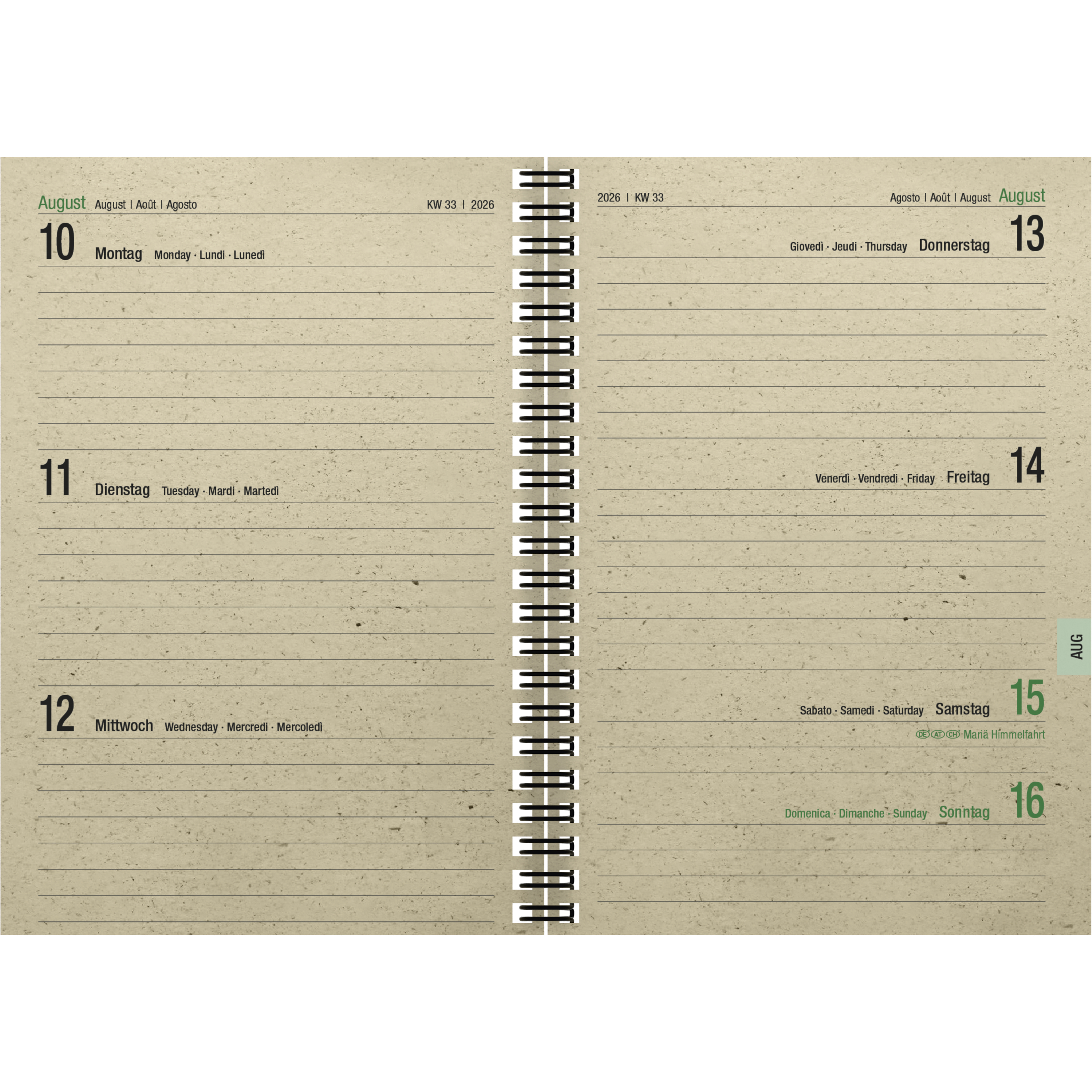 Wochenbuch Zettler 759 1W/2S aus Gras 14x20cm 4-spr. Wire-o-bindung