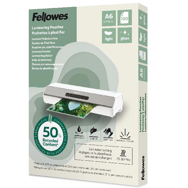 Folientasche Fellowes A6 100143441 80mic Recycled glänzend Pack. 100 Stück