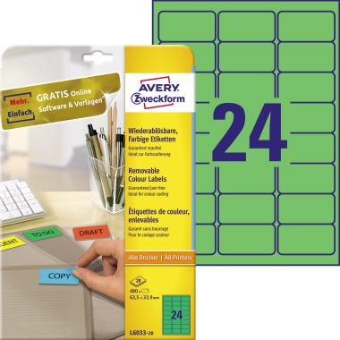 Etikett Avery Zweckform L6033-20 63,5x33,9mm grün ablösbar 480 St.