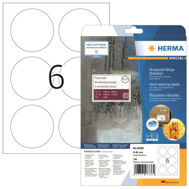 Etikett Herma 8336 Ø85mm weiß Schilder, Strapazierfähig, Matt, Folie