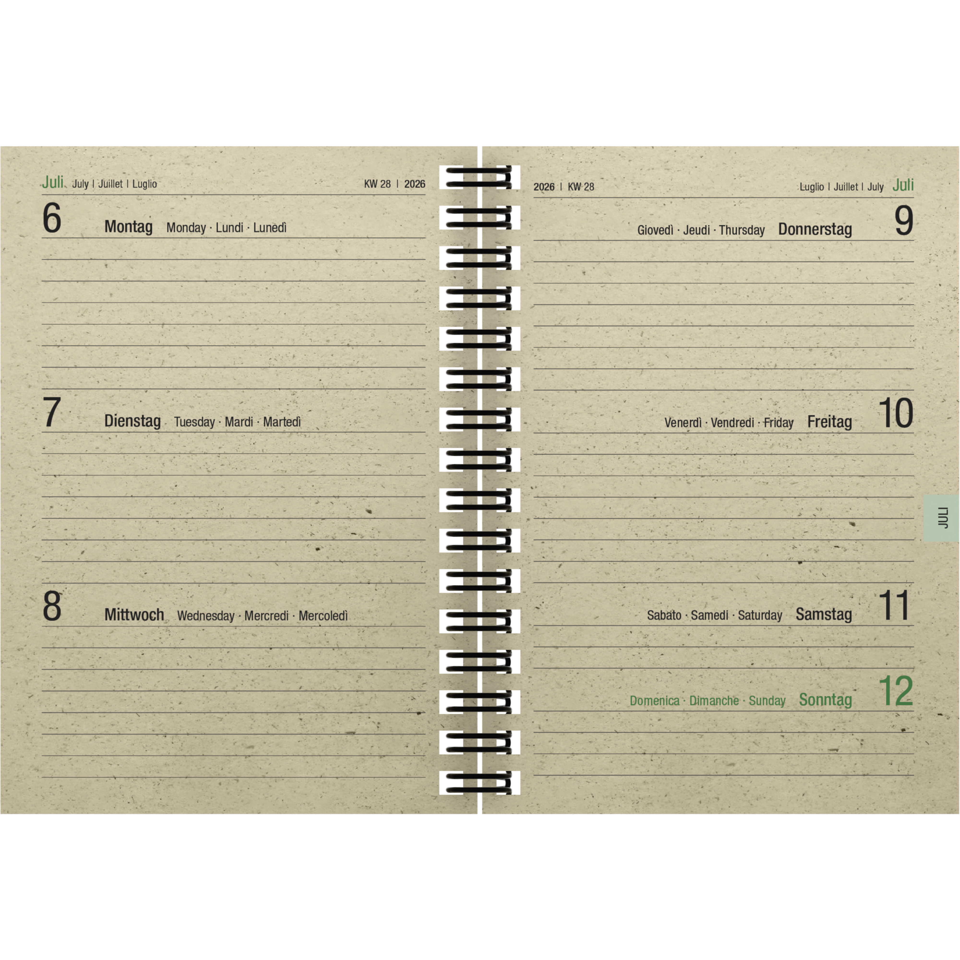 Taschenkalender Zettler 639-0640 1W/2S 10x14cm Aus Gras 4-spr. Wire-o-bindung