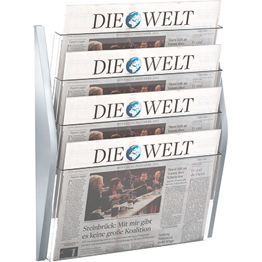 Wandprospekthalter Helit 62704 A3 silber Quer, 4 Fächer, Zeitungsformat