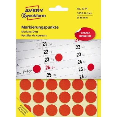 Etikett Avery Zweckform 3374 Ø-18mm rot Markierungspunkte 1.056 St.