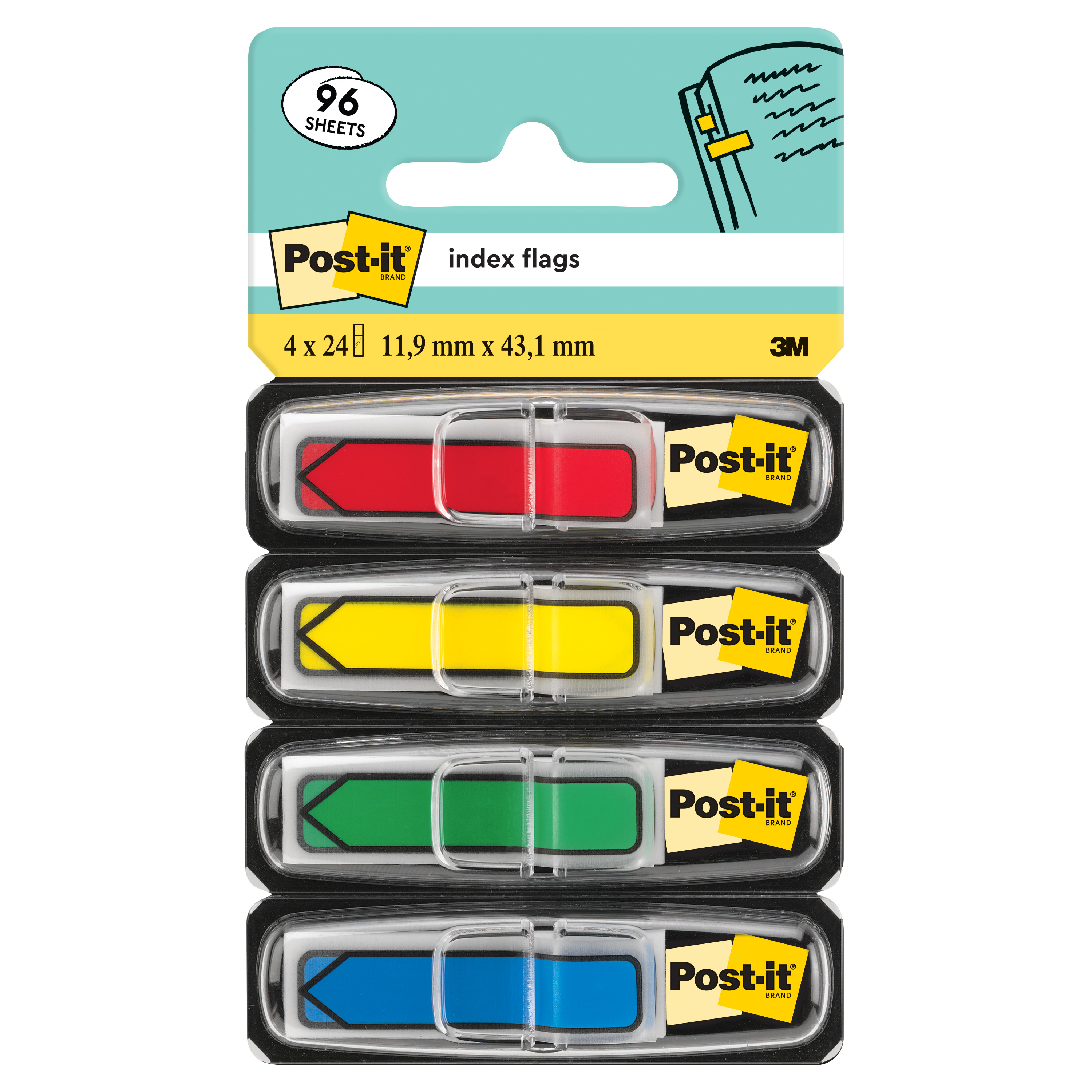 Haftstreifen Index Post-It 684ARR3 Pfeil 4x24, Grundfarben Gelb, Rot, Blau, Grü