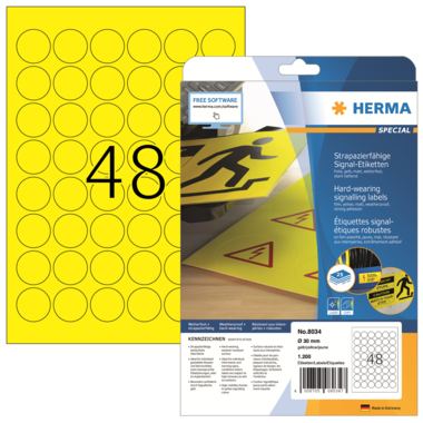 Etikett Herma 8034 A4 Ø 30mm, gelb Strapazierfähig Folie, Stark, Haftend, W
