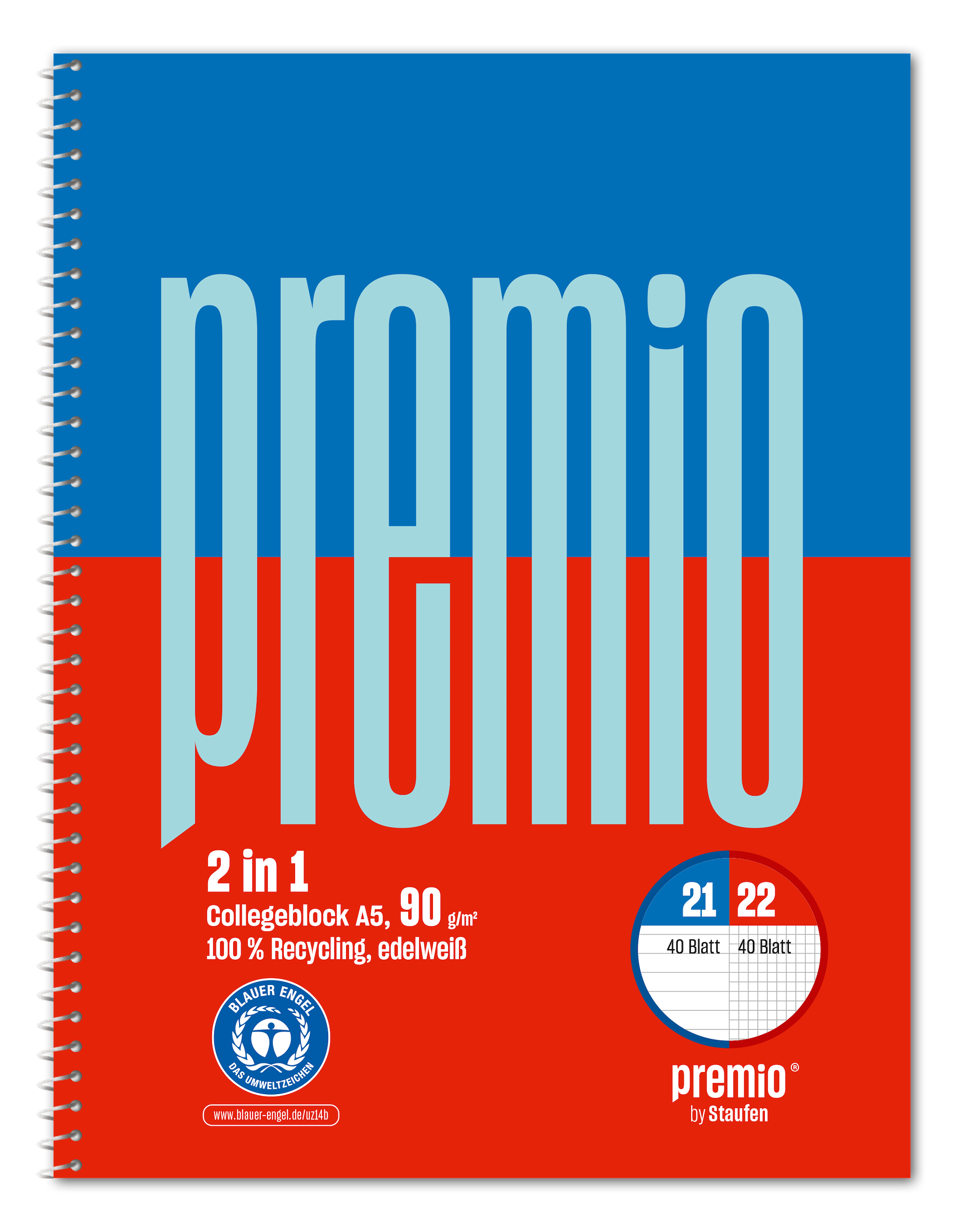 Collegeblock Staufen 40841000 A5 Premio Twice 80 Bl. 90g bl/ro lini./kar. 6-Loch