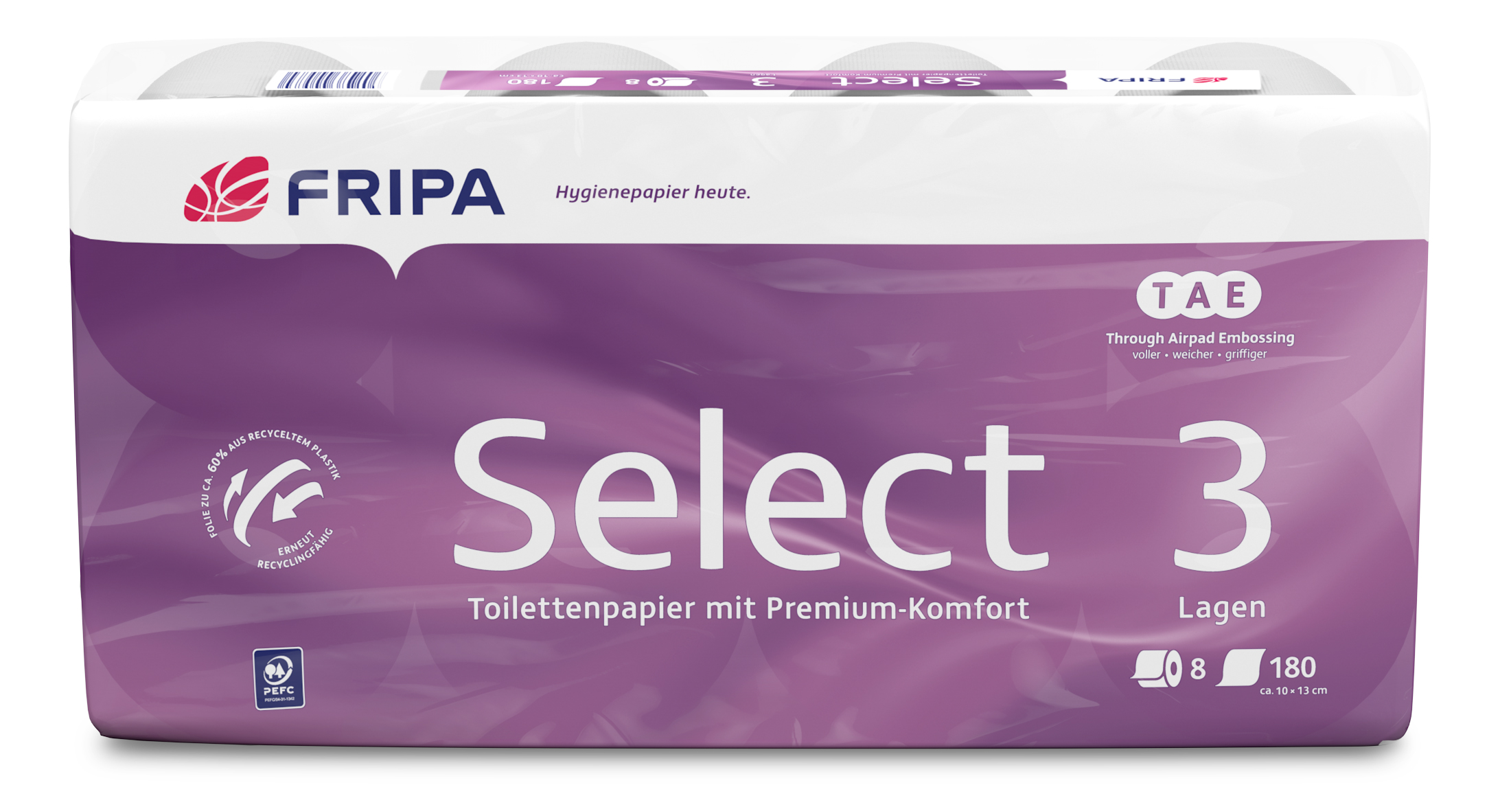 Toilettenp. Select 3lag. 8 Rollen 180Bl 10bl, Tae-qualität, Mit Luftpolstern